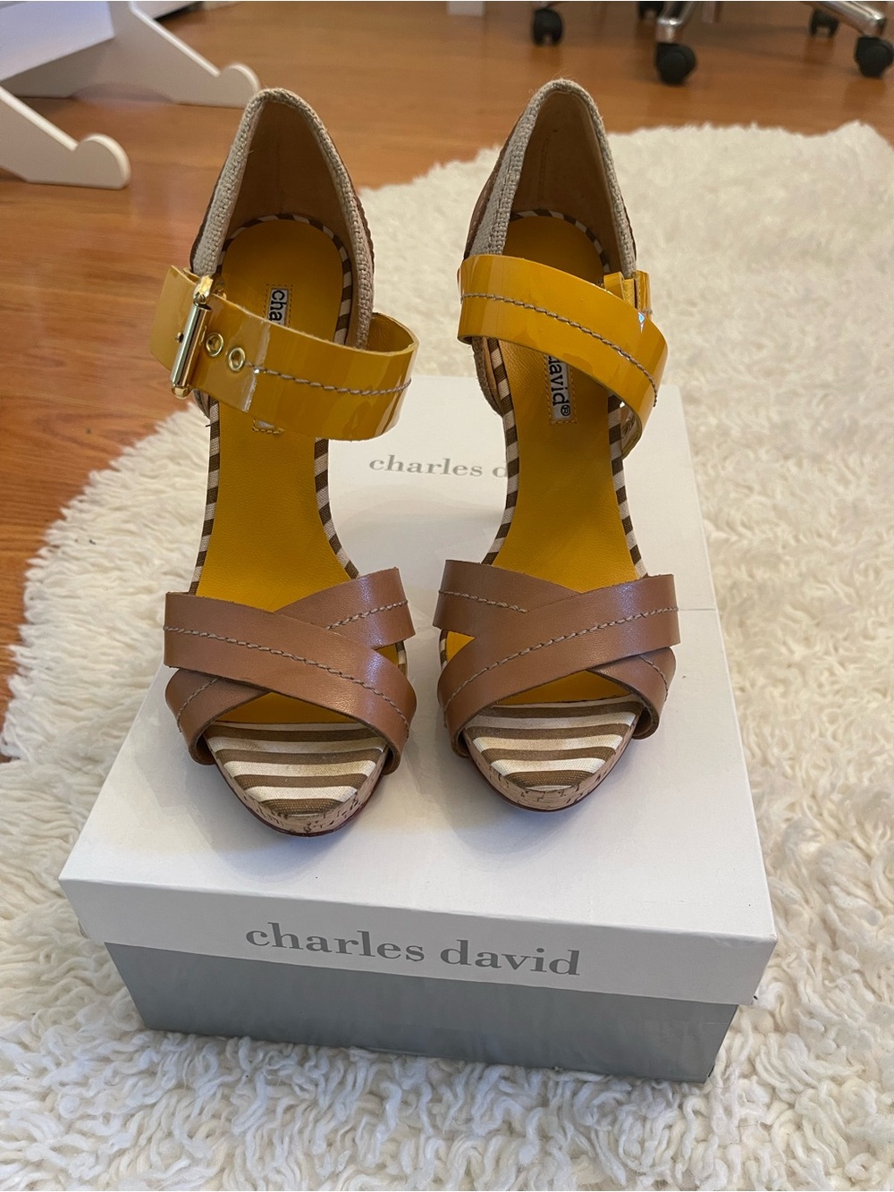 Charles David Brown and Yellow Strappy High-Heel Sandals